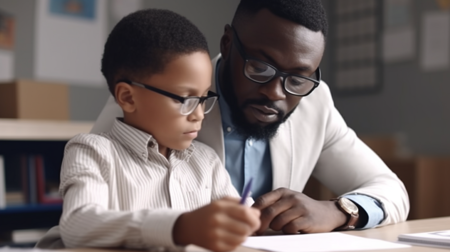 African Male Teacher Assisting Elementary Student