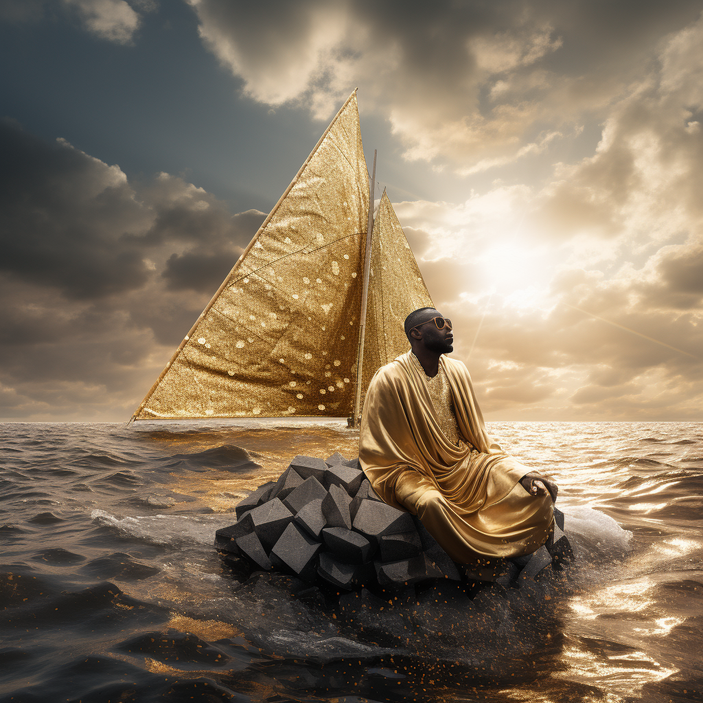 African man sailing to gigantic diamond