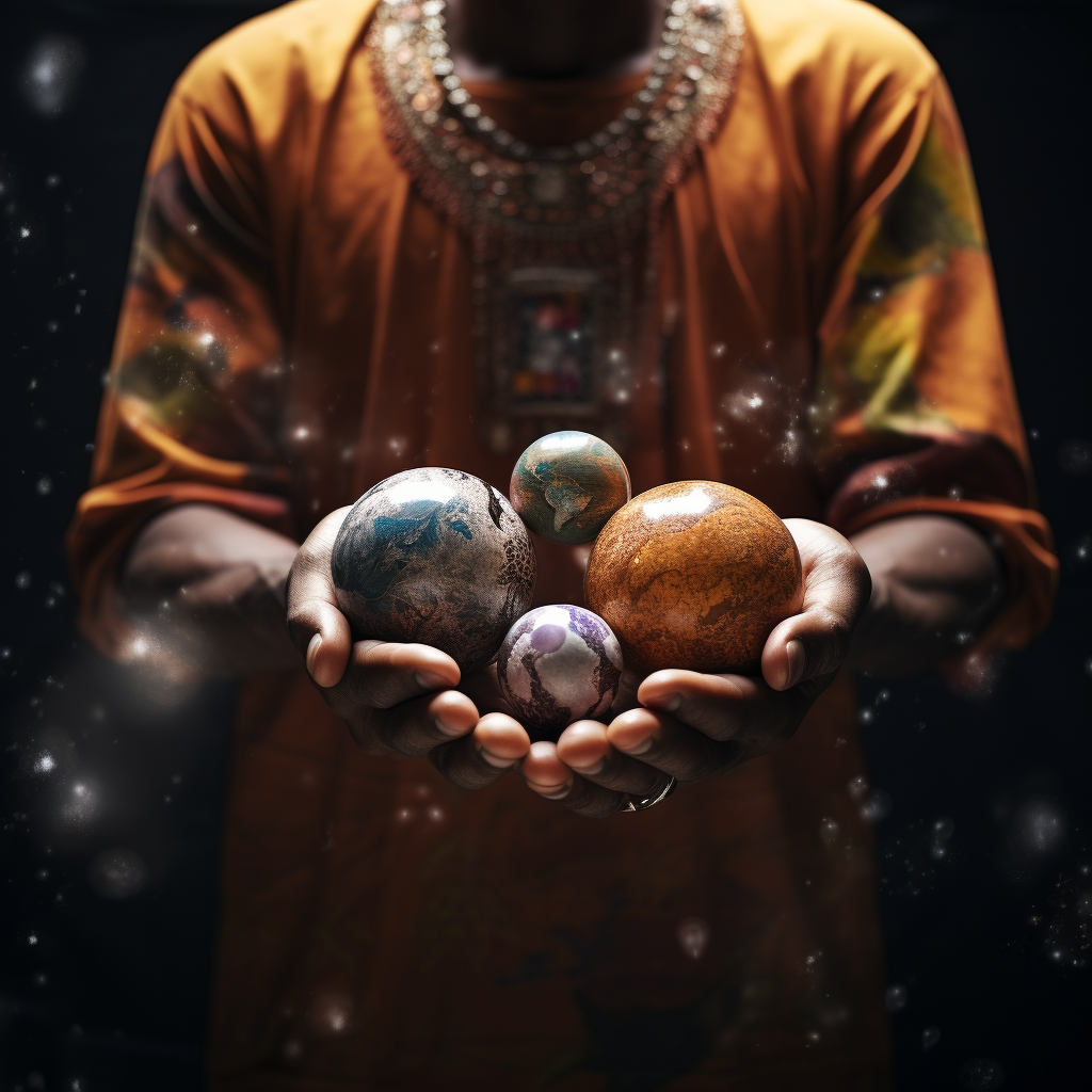 African man holding planets