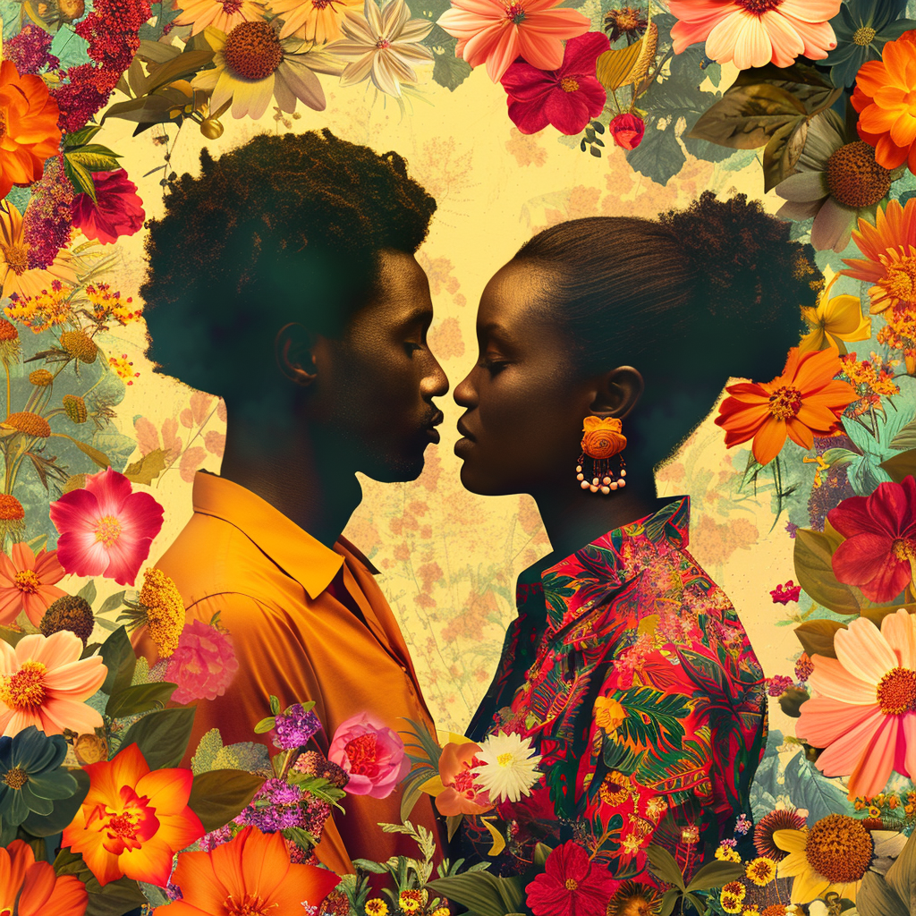 African couple celebrating with flowers