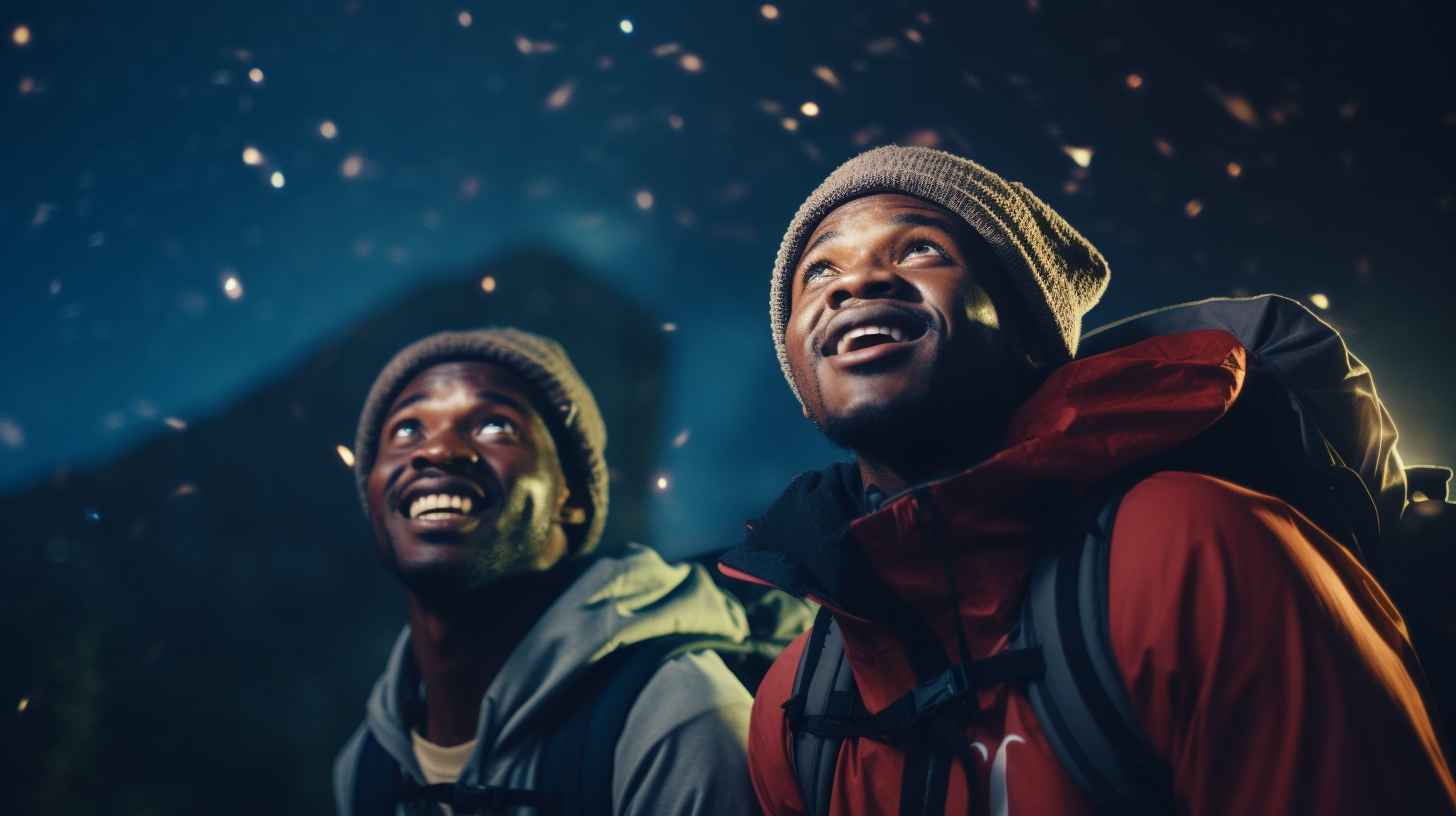 African men hikers with fireflies at night