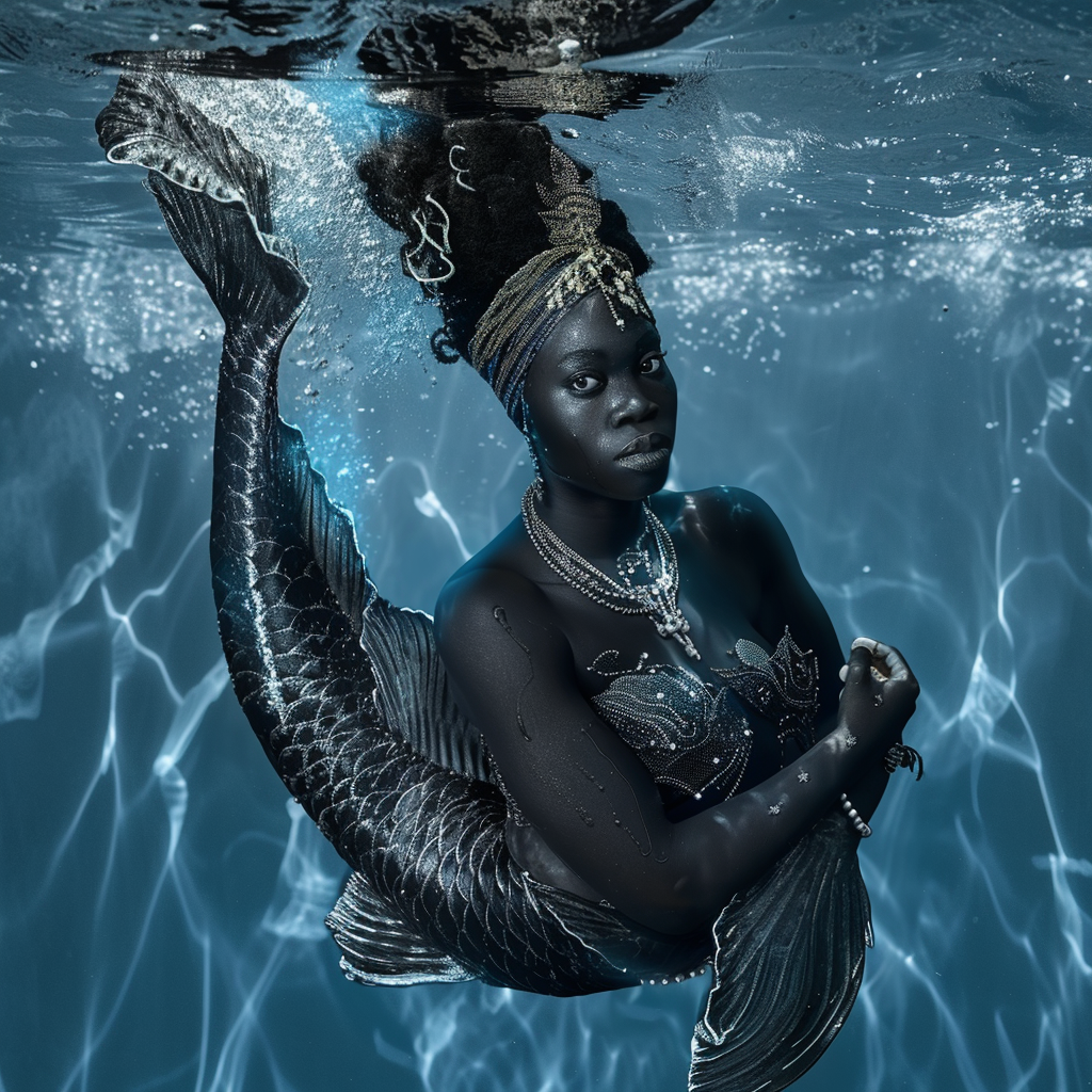 African mermaid swimming in ocean