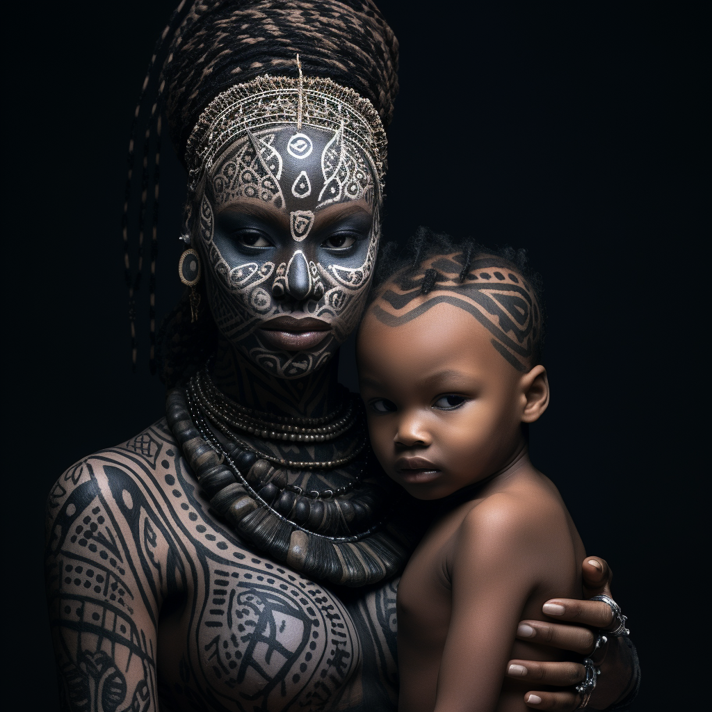 African mom with baby tribal makeup