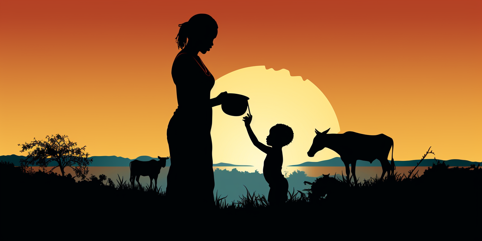 Silhouette of African mother breastfeeding son