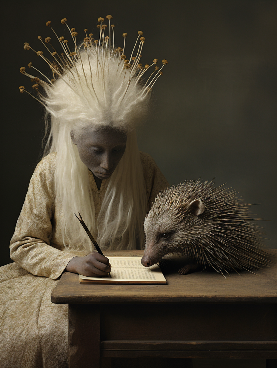 African porcupine writing poetry with quill