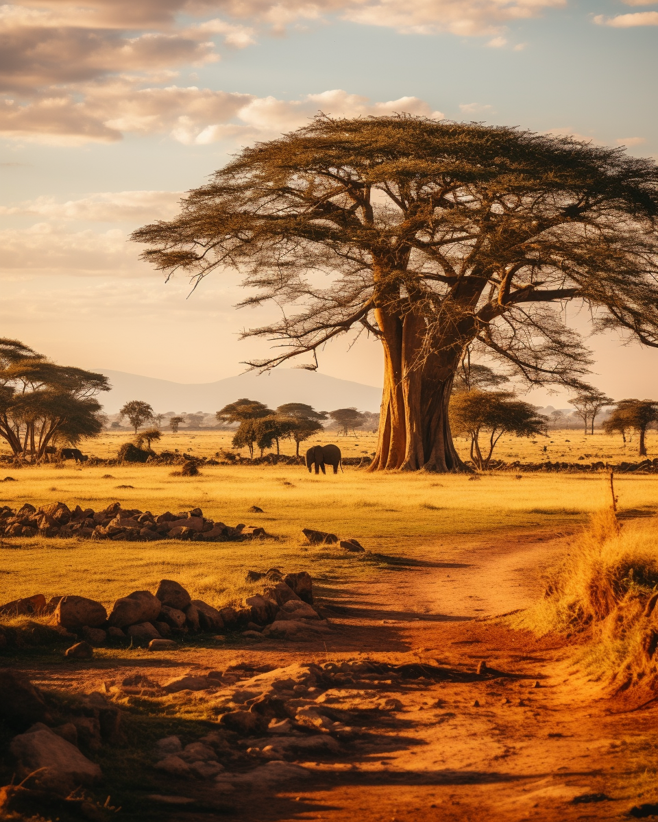 African Savanna with Animals and Trees