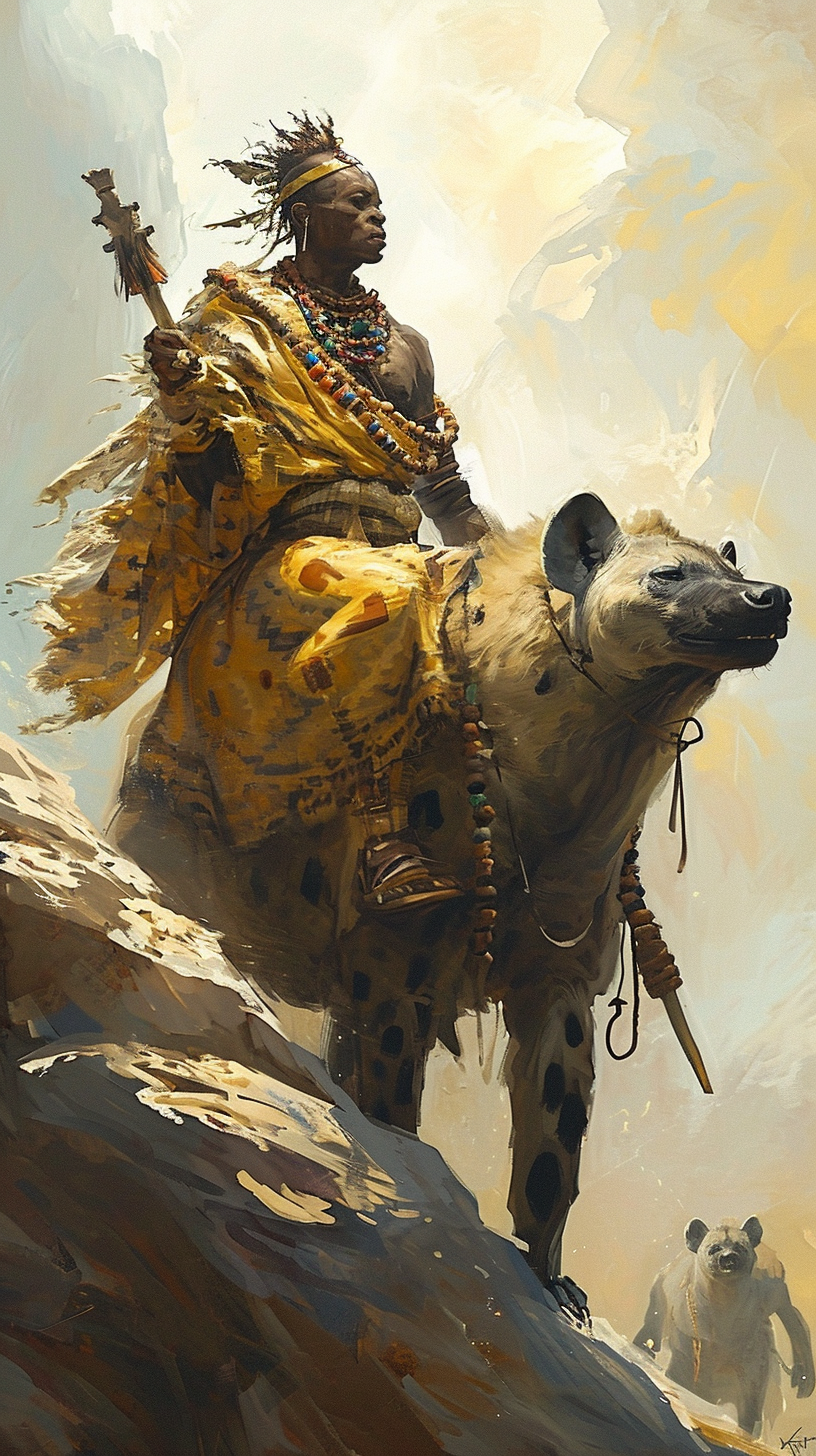 African shaman on giant hyena