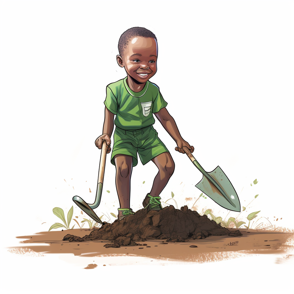 4-year-old African girl farming with a hoe