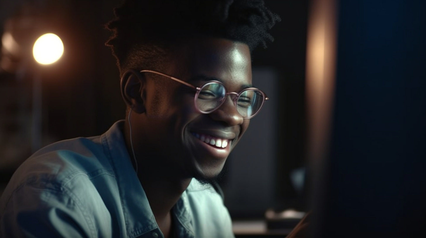 African university student working on computer smiling