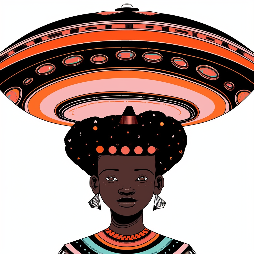 Illustration of African Village Girl in UFO shape