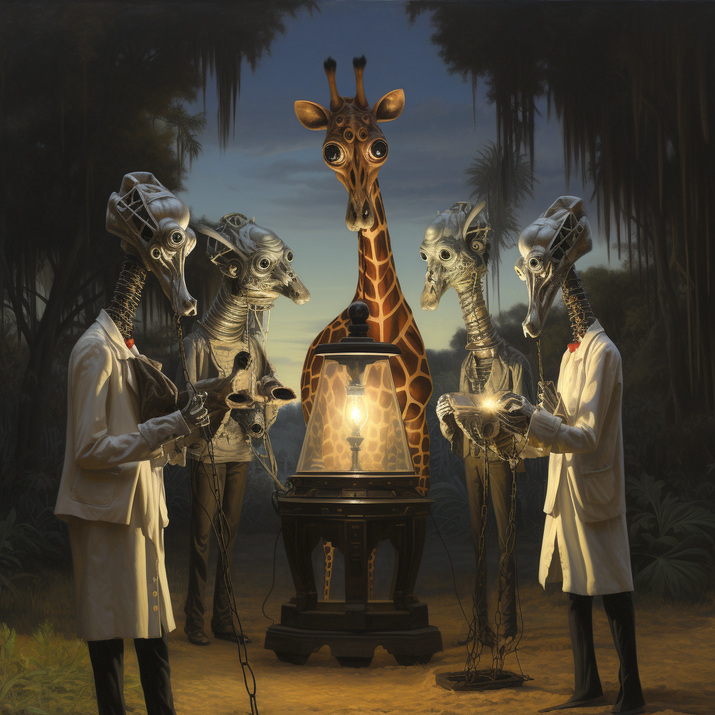 Group of Men with African Voodoo Masks Confronting Robotic Giraffe