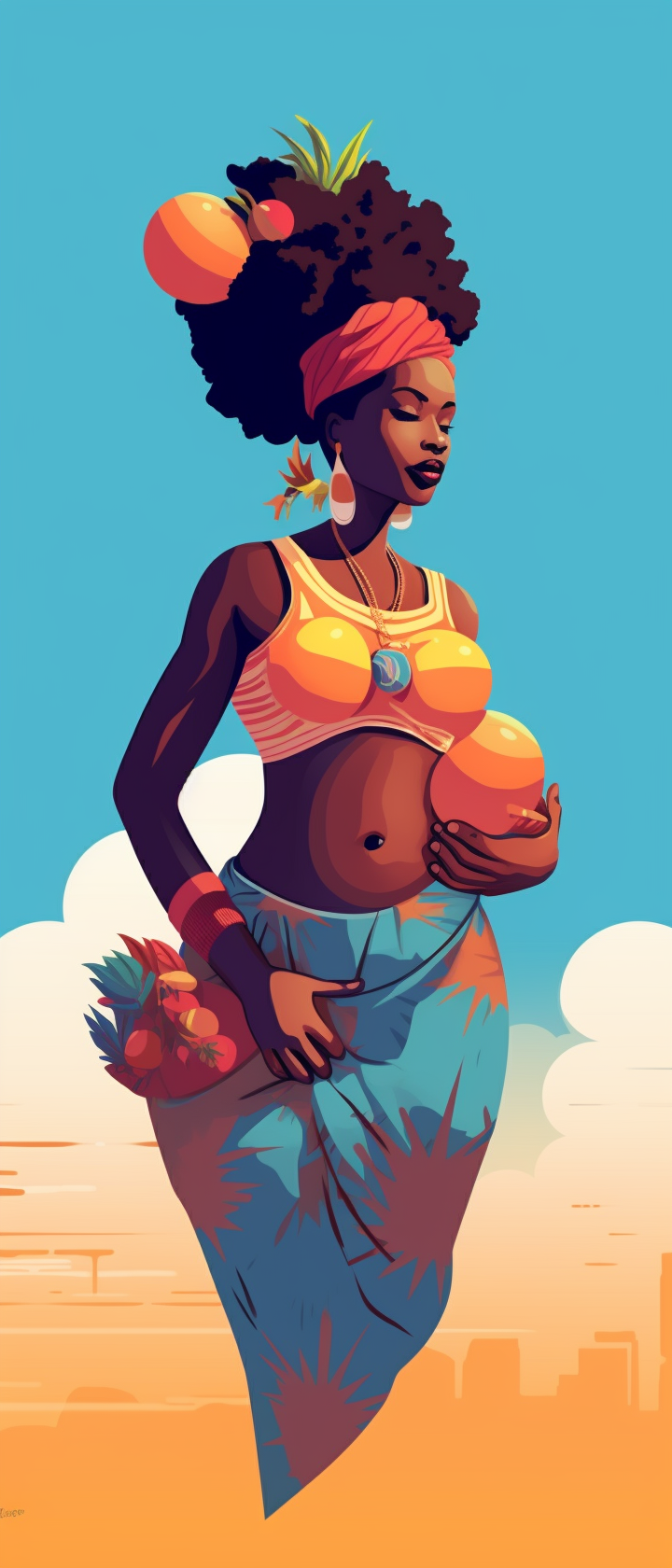 African woman multitasking with baby and fruit basket