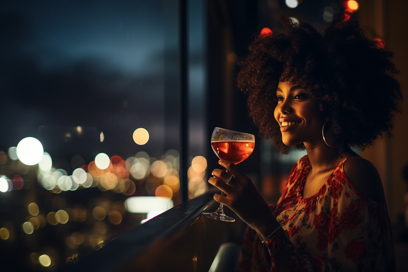 African woman enjoying cocktail on balcony