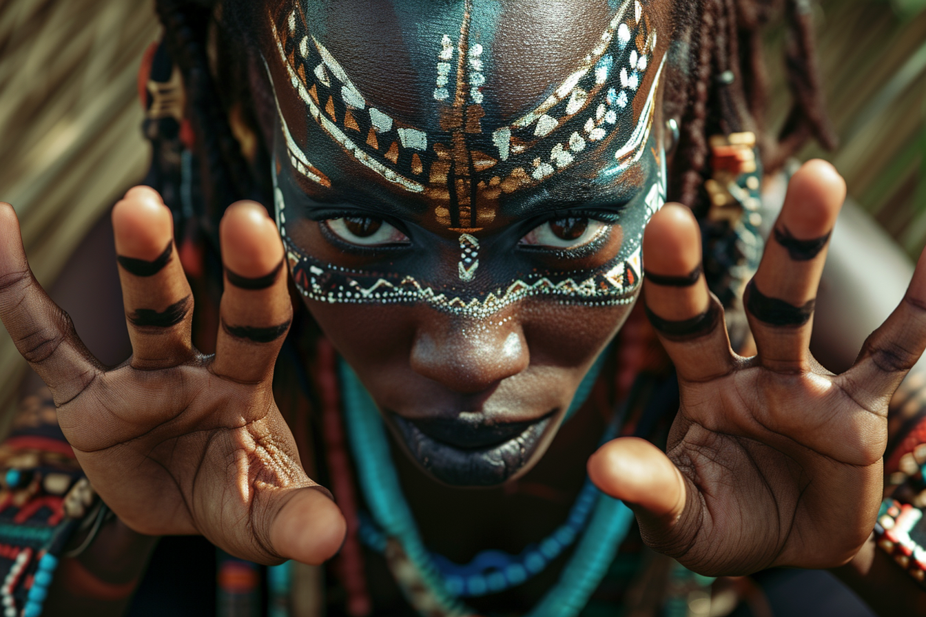 African woman with fierce eyes wearing African mask