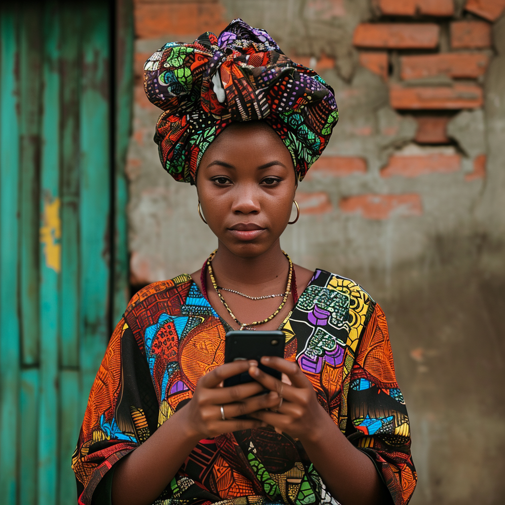 African woman in urban environment on phone