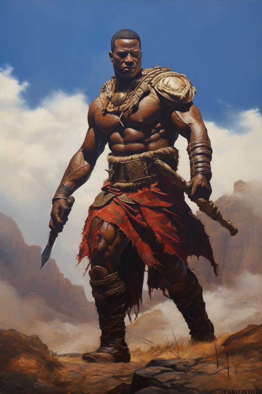 Full body oil painting of an African Zulu warrior in armor