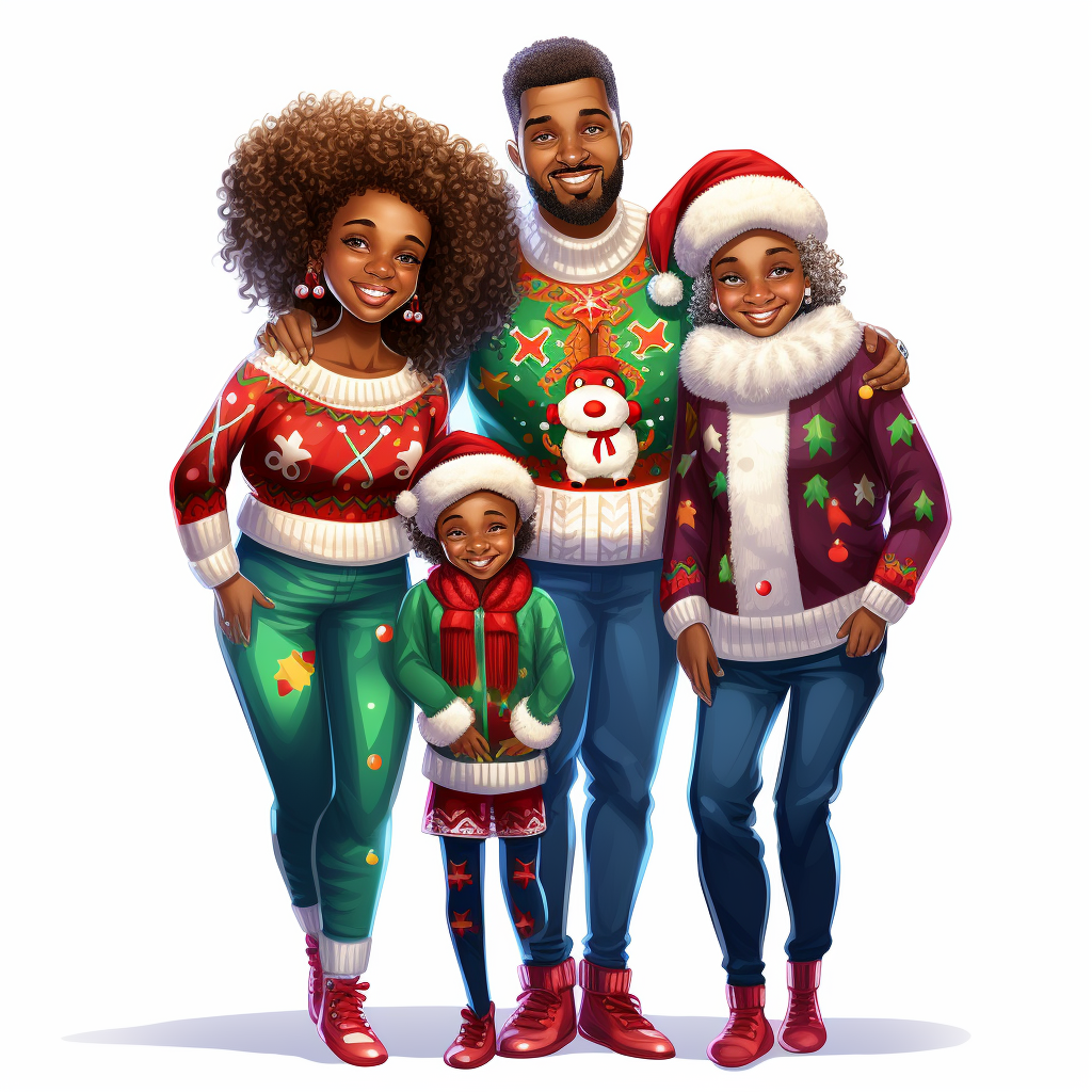 African American family in festive Christmas sweaters