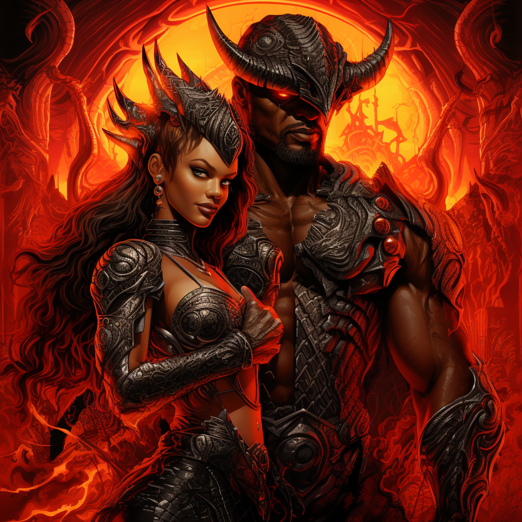 Detailed illustration of African American couple walking through a fiery city