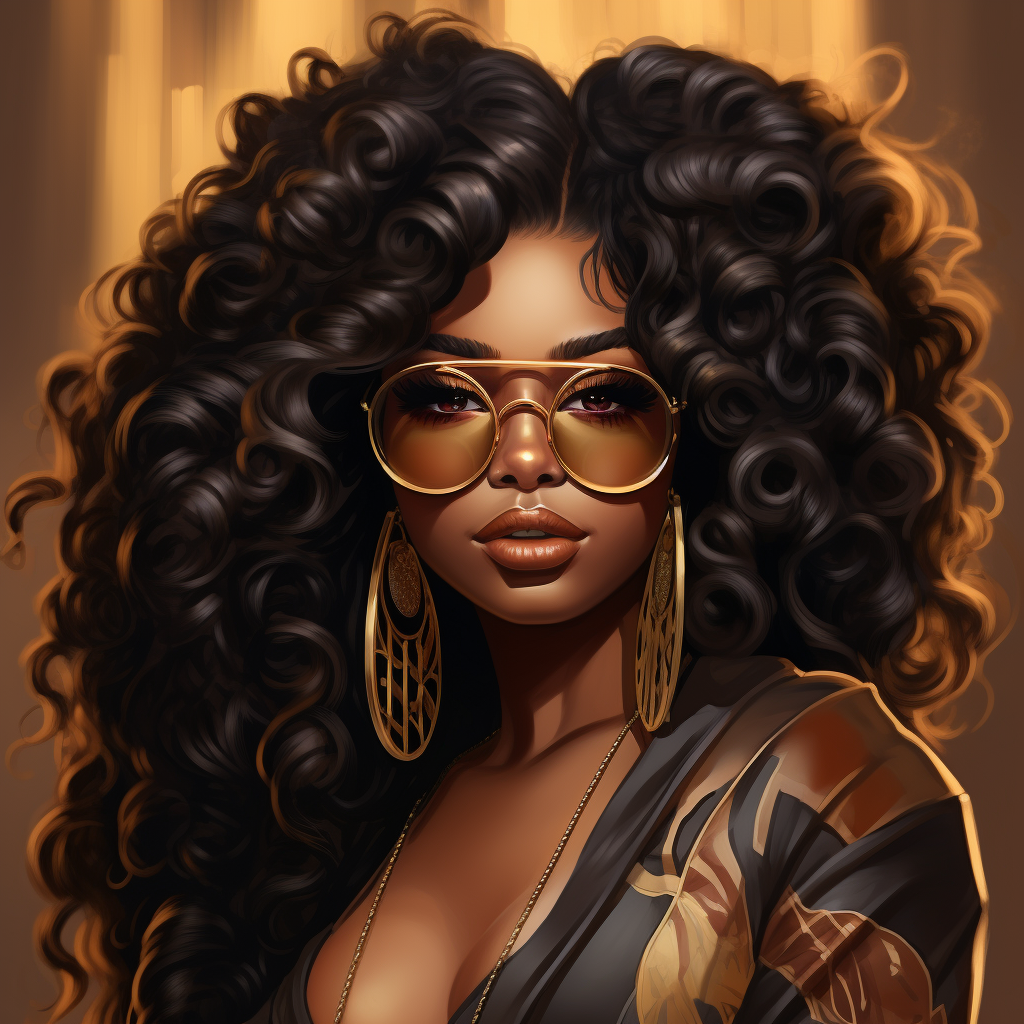 Glamorous African American diva with wavy hair and glasses  ?