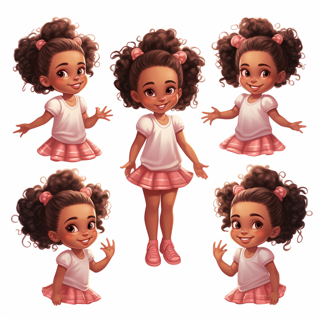 Cute African American girl with pigtails in different poses