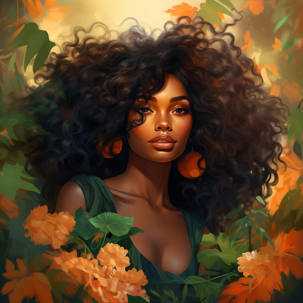 African American lady with big wavy hair in nature