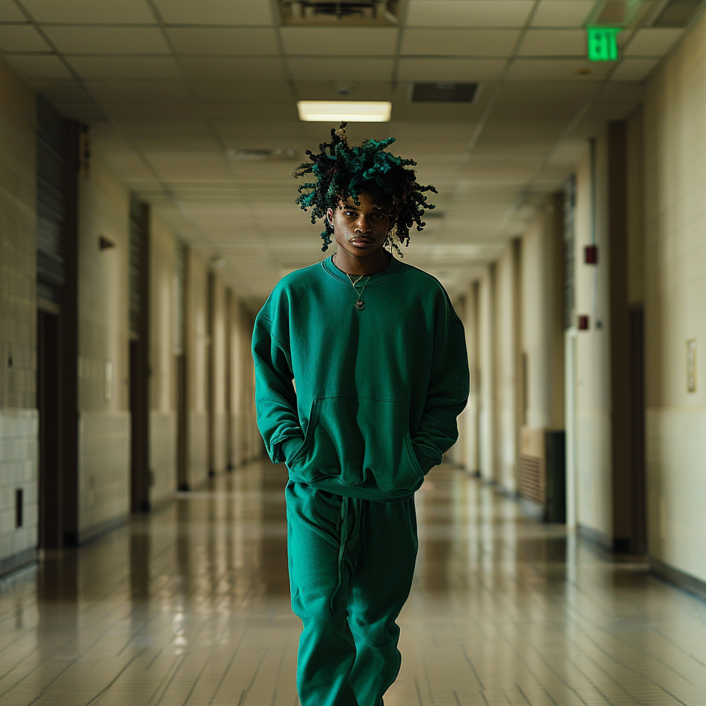 African American Man Walking Dorm Hallway