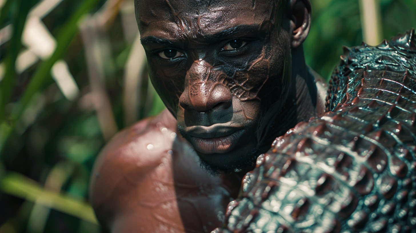 Muscular man showcasing crocodile skin