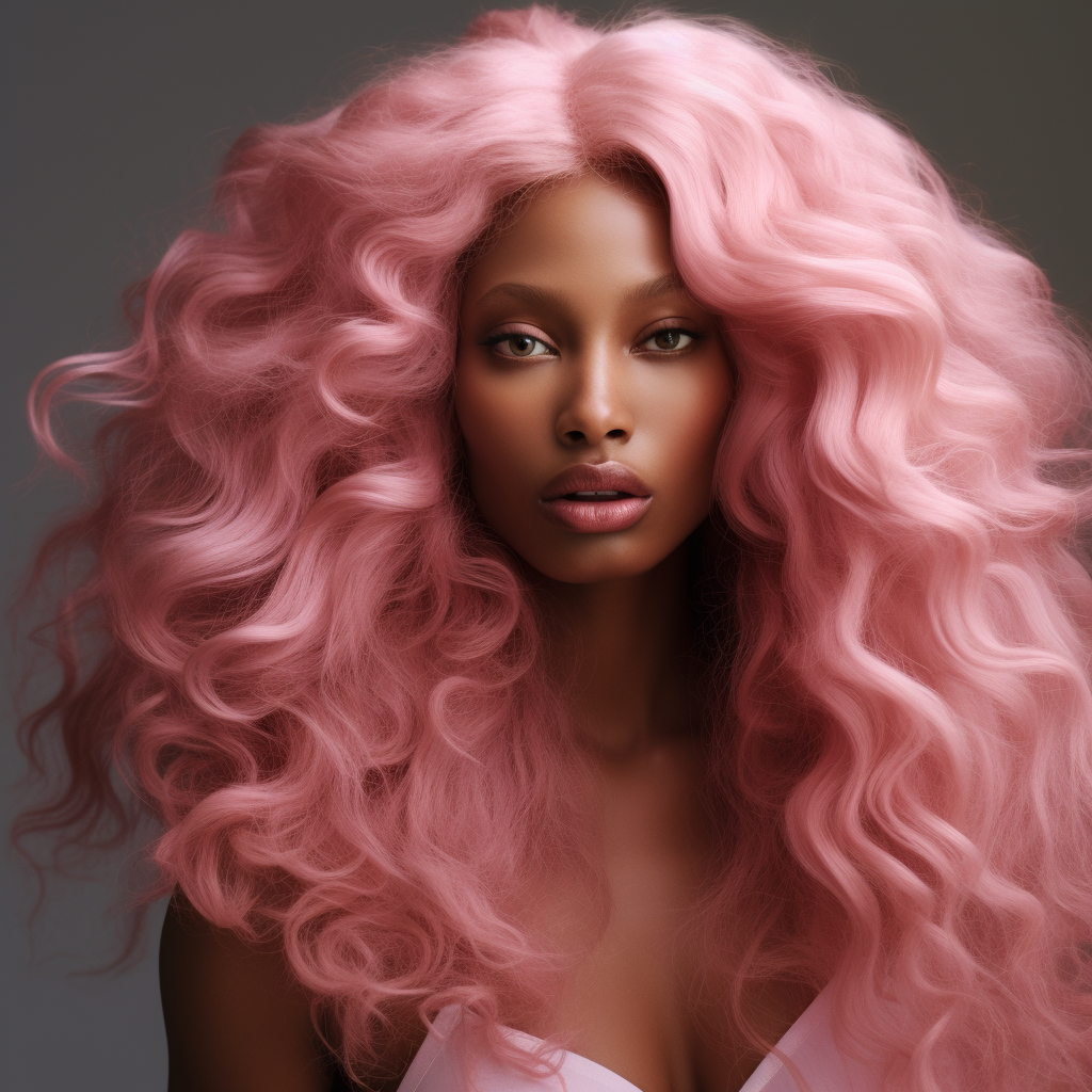 Beautiful African American model with long wavy pink hair