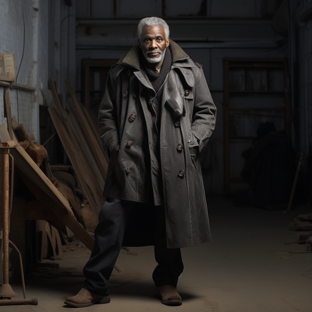 African American man in trench coat and boots