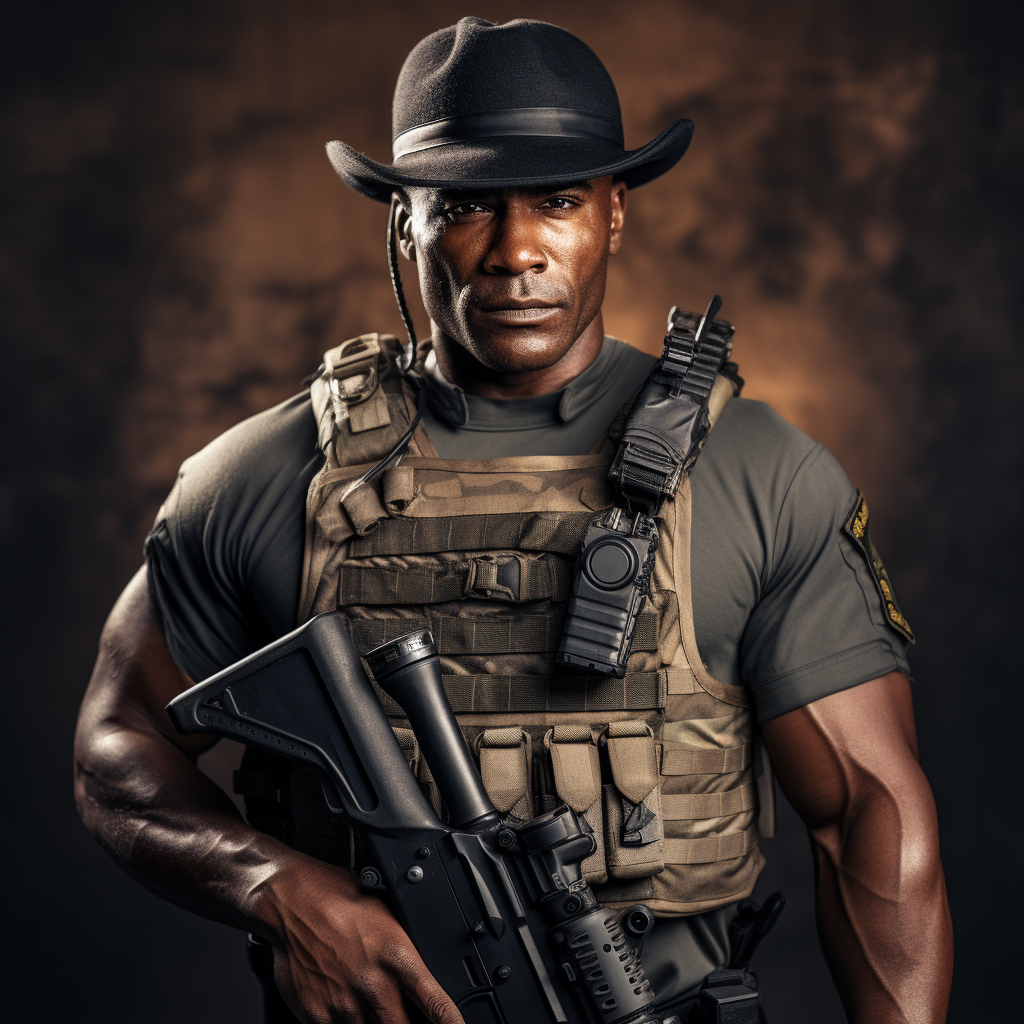 African American SWAT Operator in Full Tactical Gear and Cowboy Hat