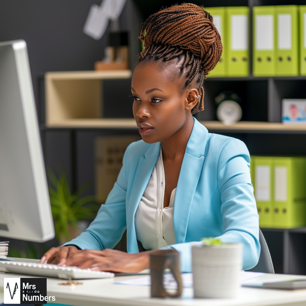 African American woman at desk in business suit