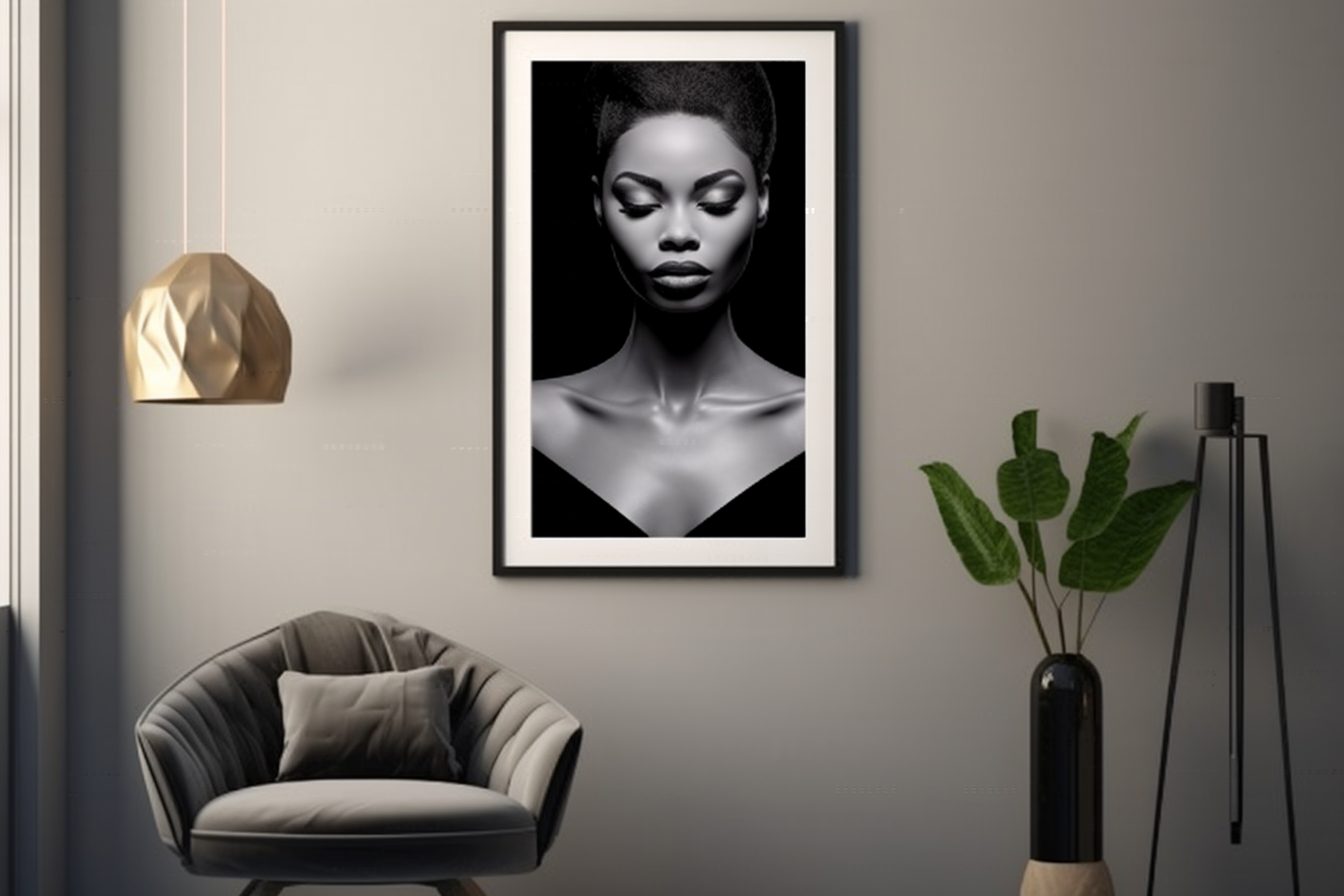 Framed monochrome portrait of African American woman painting