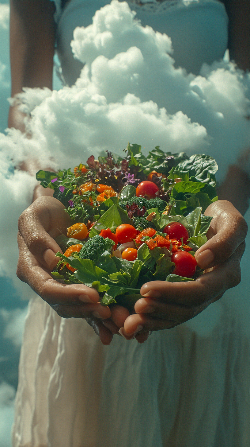 African American woman holding healthy salads in clouds