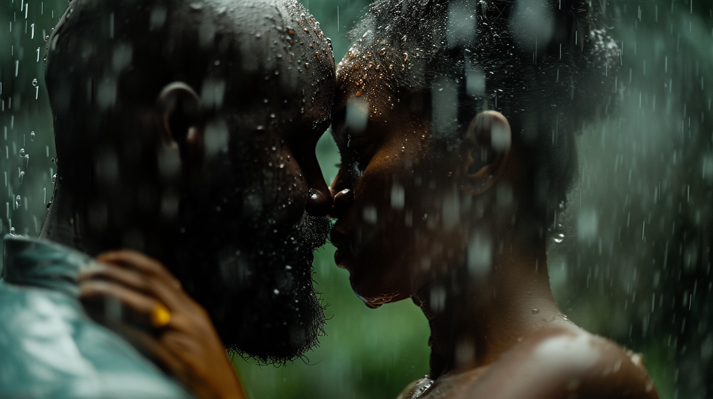 African American woman in rain reflection