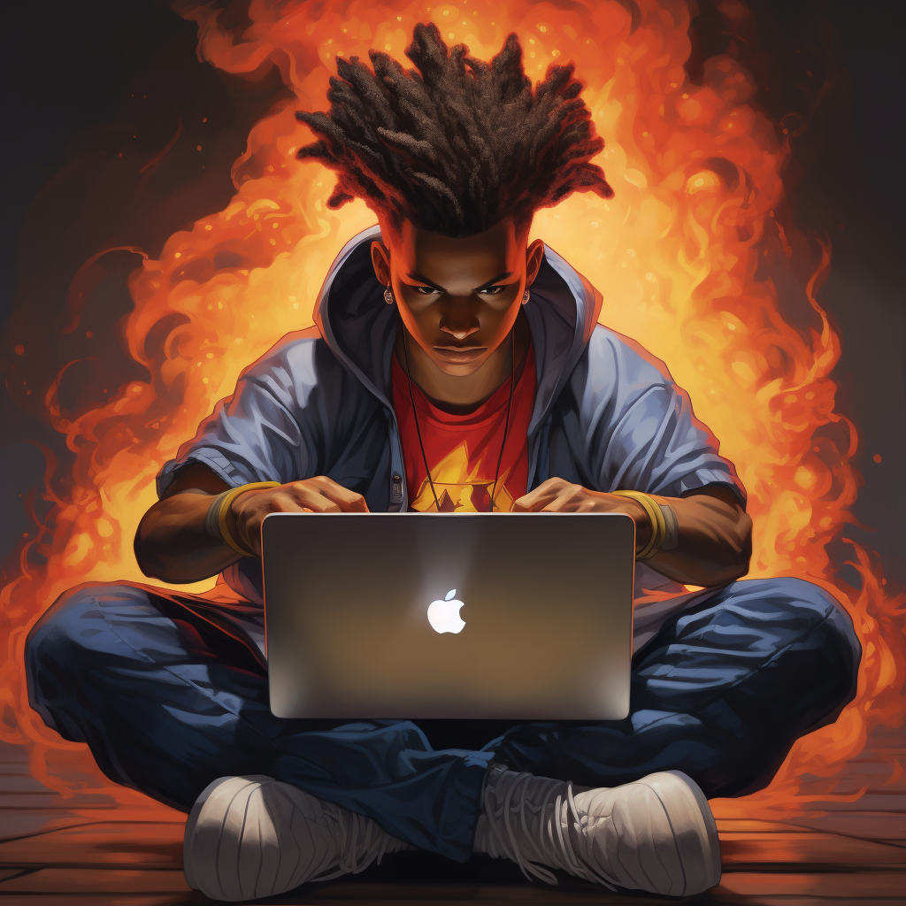 African American youth using a Macbook and going Super Saiyan