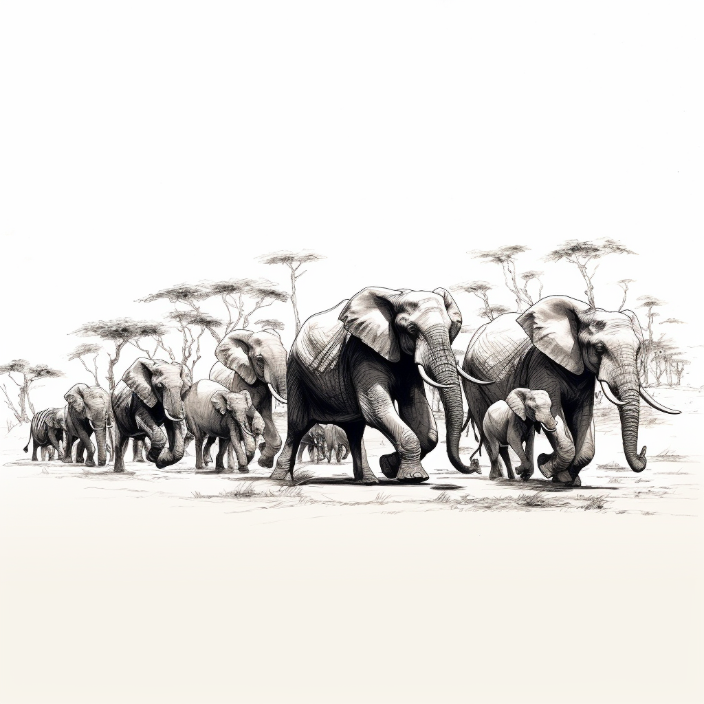 Side view of sketch of African animal herd