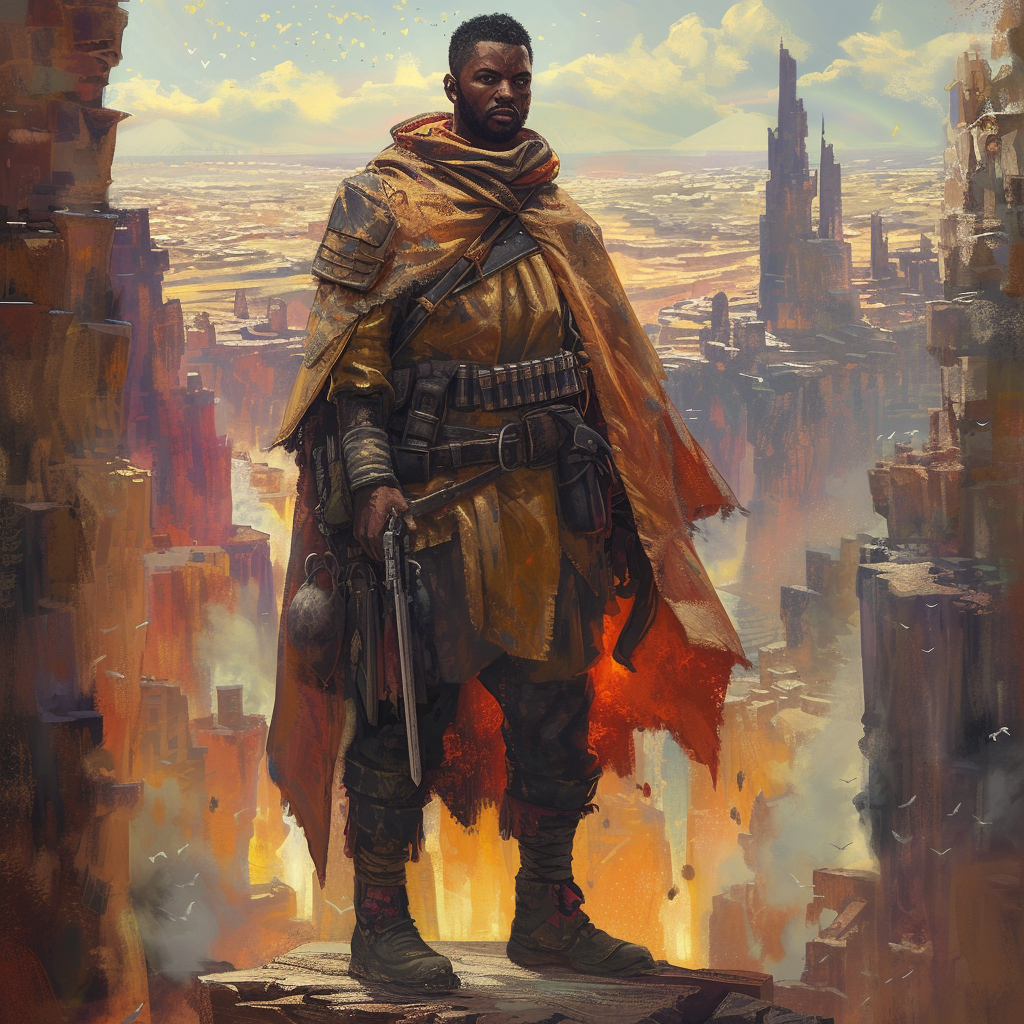 African gunslinger in poncho city landscape