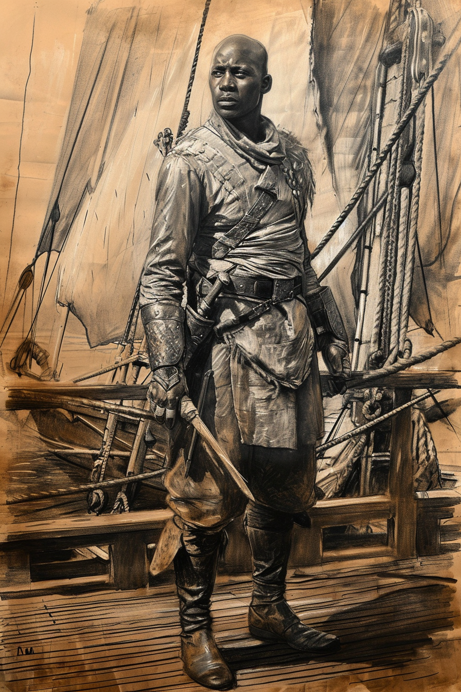 Hand-drawn charcoal sketch of a steampunk African man holding a musket on a ship