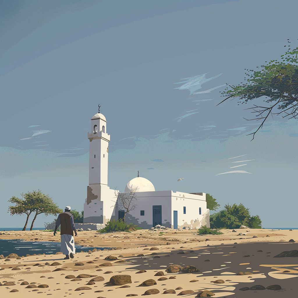 African man walking to small mosque