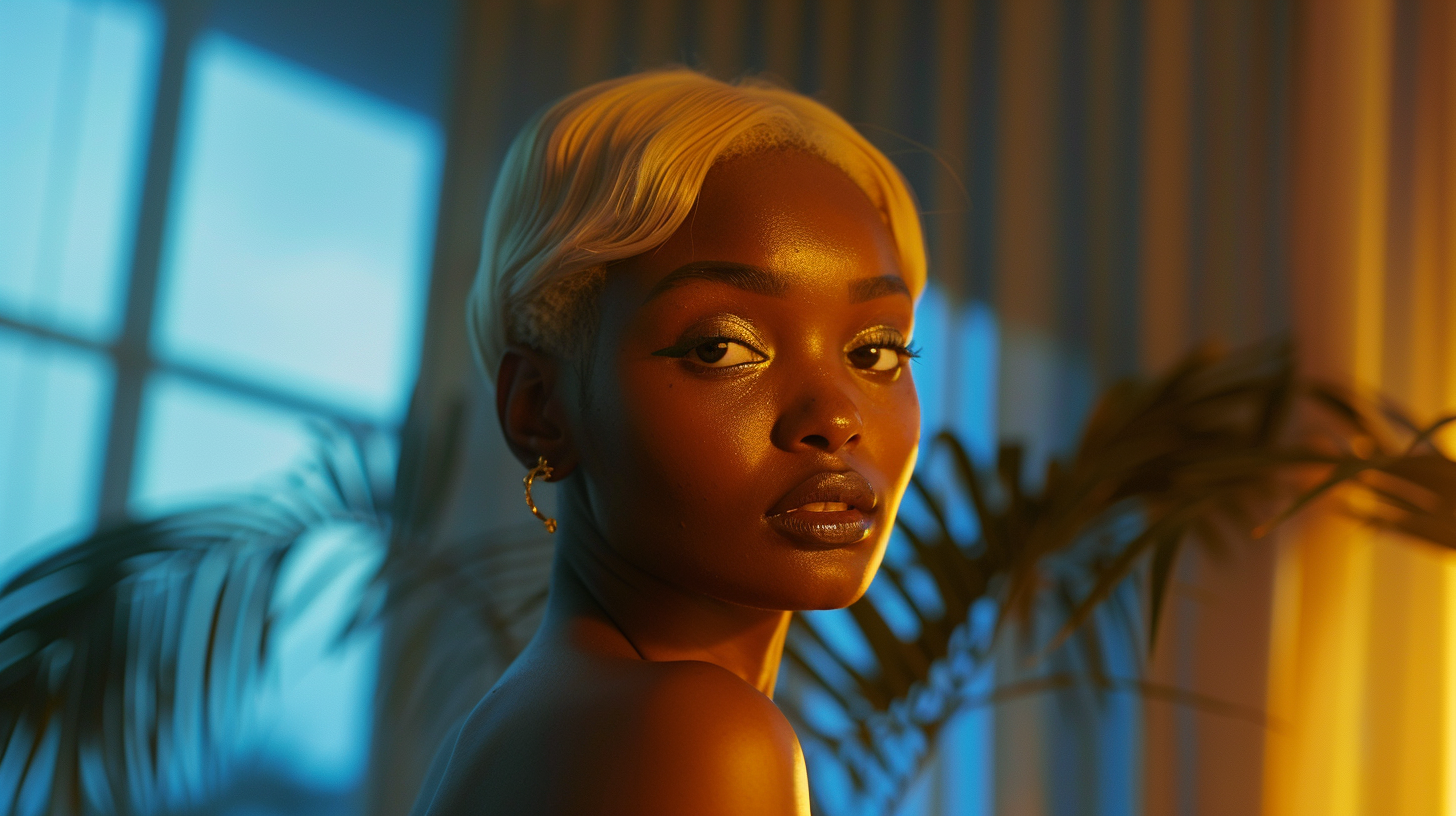 African woman with blonde wig in cinematic interior