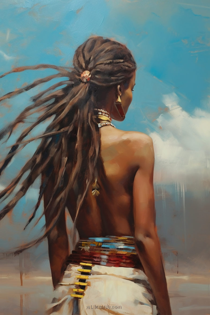 African woman with long, flying hair