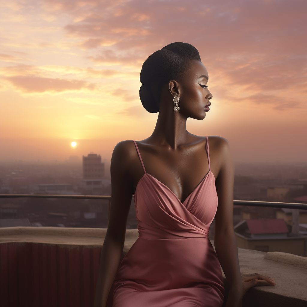 Young African woman in pink dress on rooftop