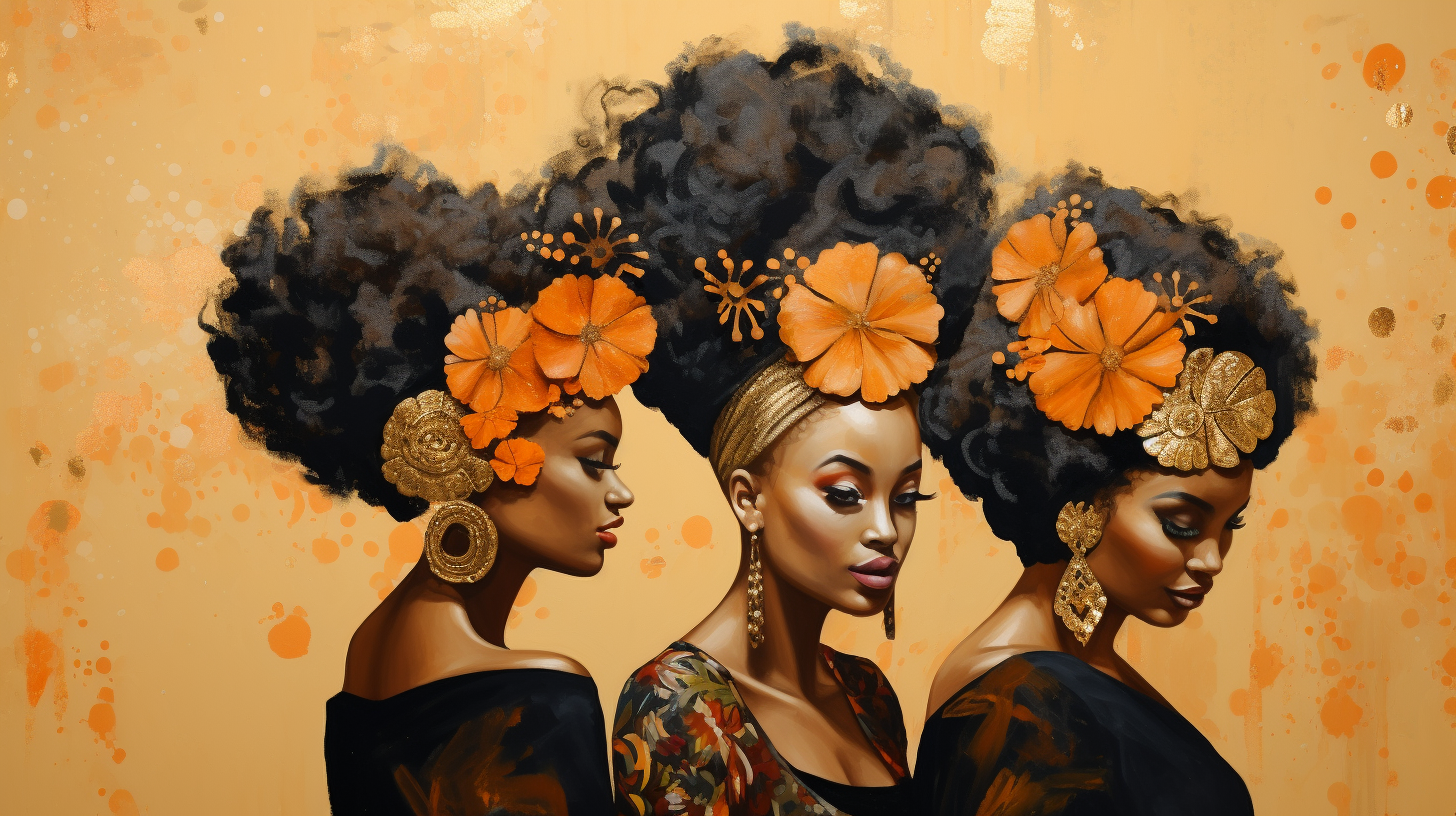 African women with flowered hair on gold background