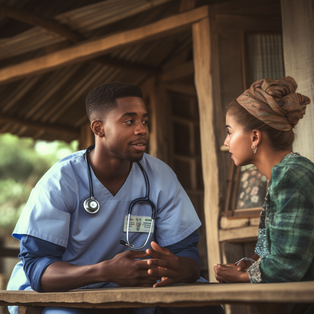 Black African young man talking with nurse in village