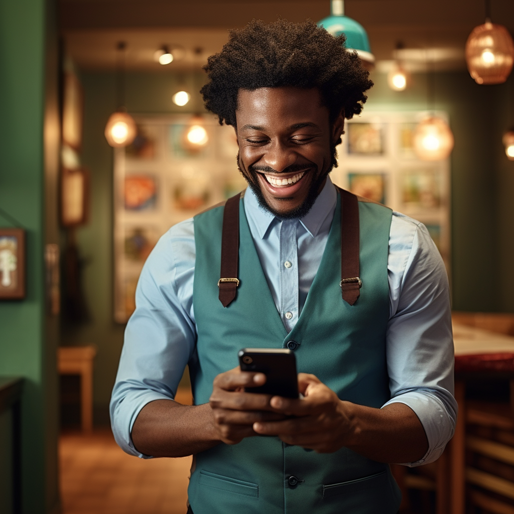 Afro-American male cleaner smiling with smartphone