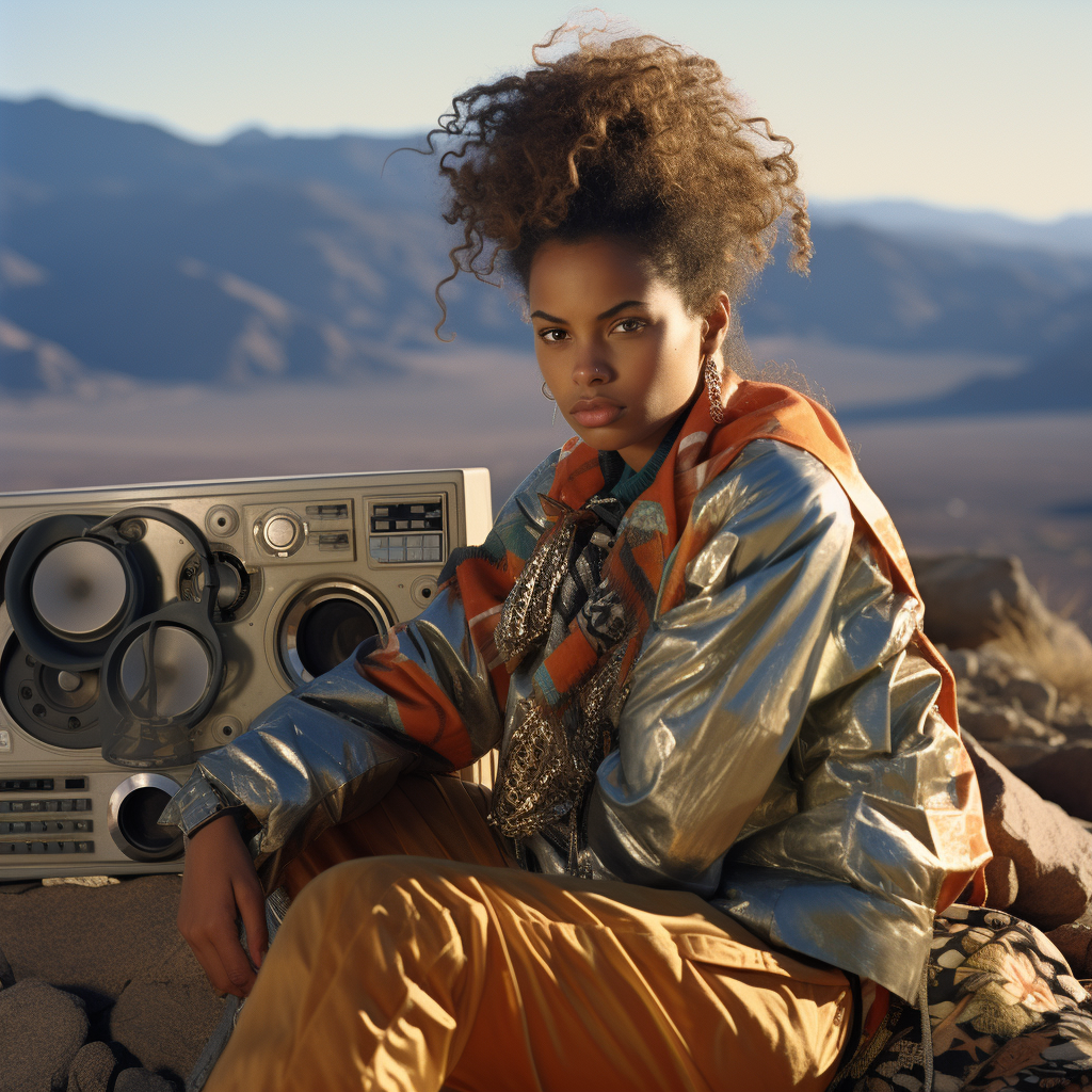 Stylish woman sitting with ghetto blaster in the background