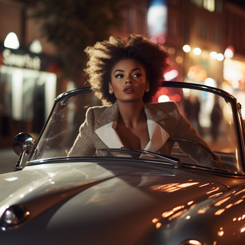 Afro-haired woman driving 300SL Gullwing car