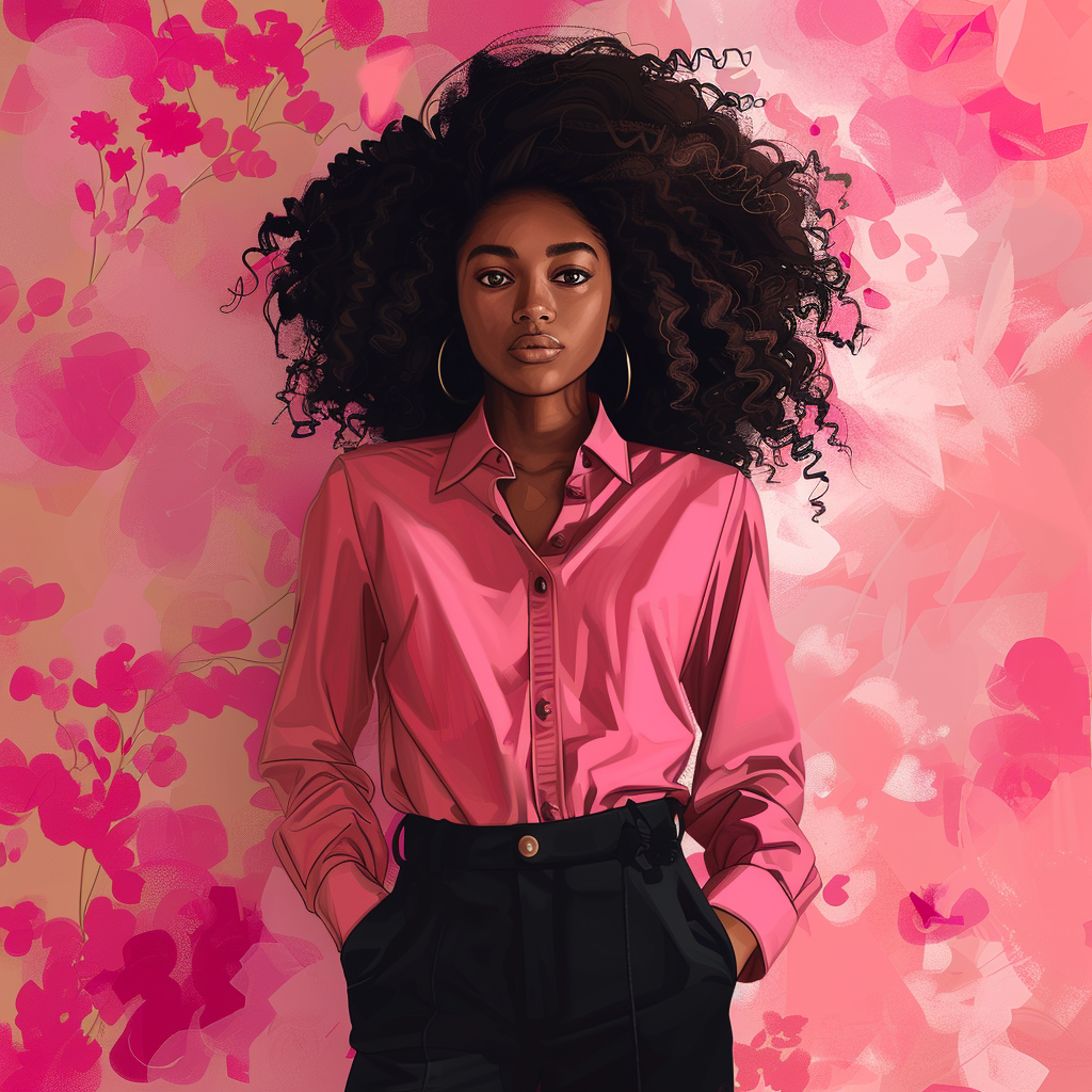 Afro-Latina Pink Shirt Black Trousers