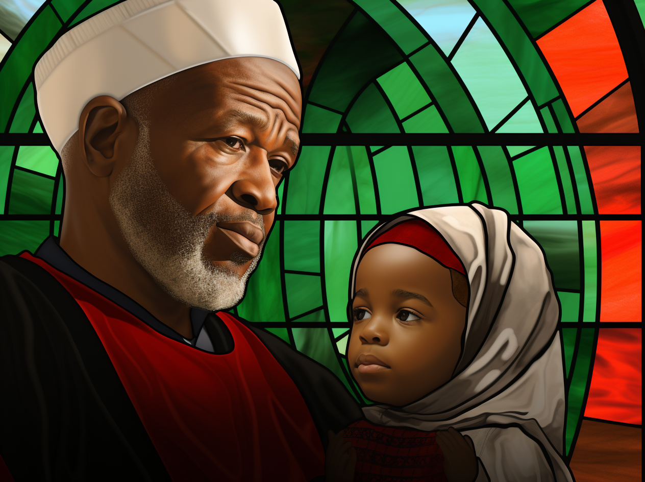 Realistic portrait of Afro Palestinian grandfather and child