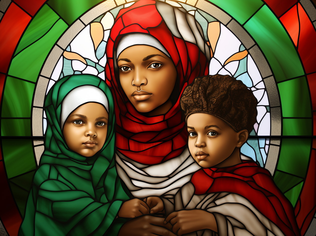 Realistic portrait of Afro Palestinian family in stained glass